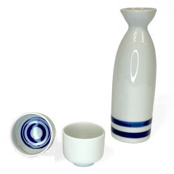 Kit de Sake Jarra + 2 Vasos blanco líneas azules