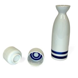 Kit de Sake Jarra + 2 Vasos blanco líneas azules