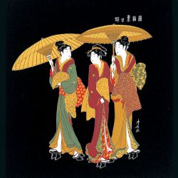 Furoshiki mujeres bajo la lluvia Ukiyo-e Rayon Chirimen Yuzen Dyeing